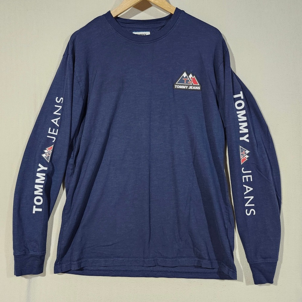 Tommy Jeans Mens Navy Blue Mountain Graphic Long Sleeve T-Shirt L 90s Style